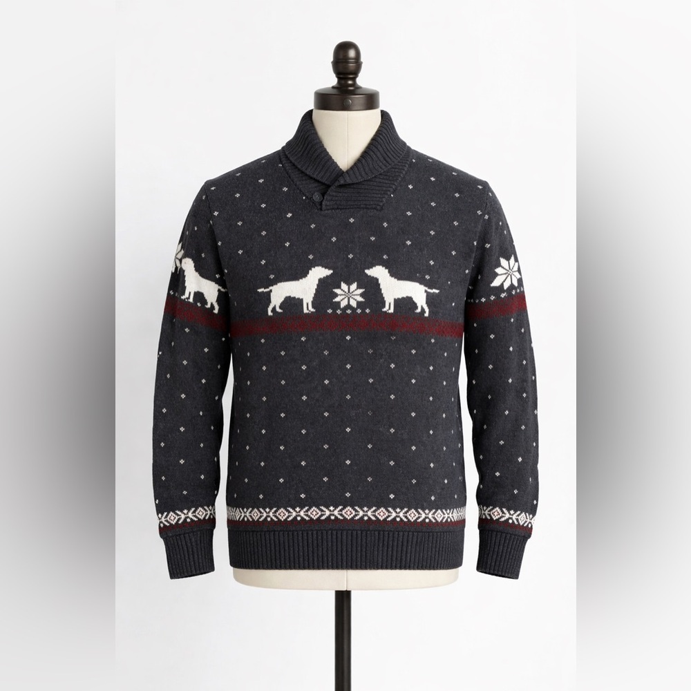 Chaps Men’s XL Shawl Collar Dog Fair Isle Knit Sweater Black Holiday Pullover